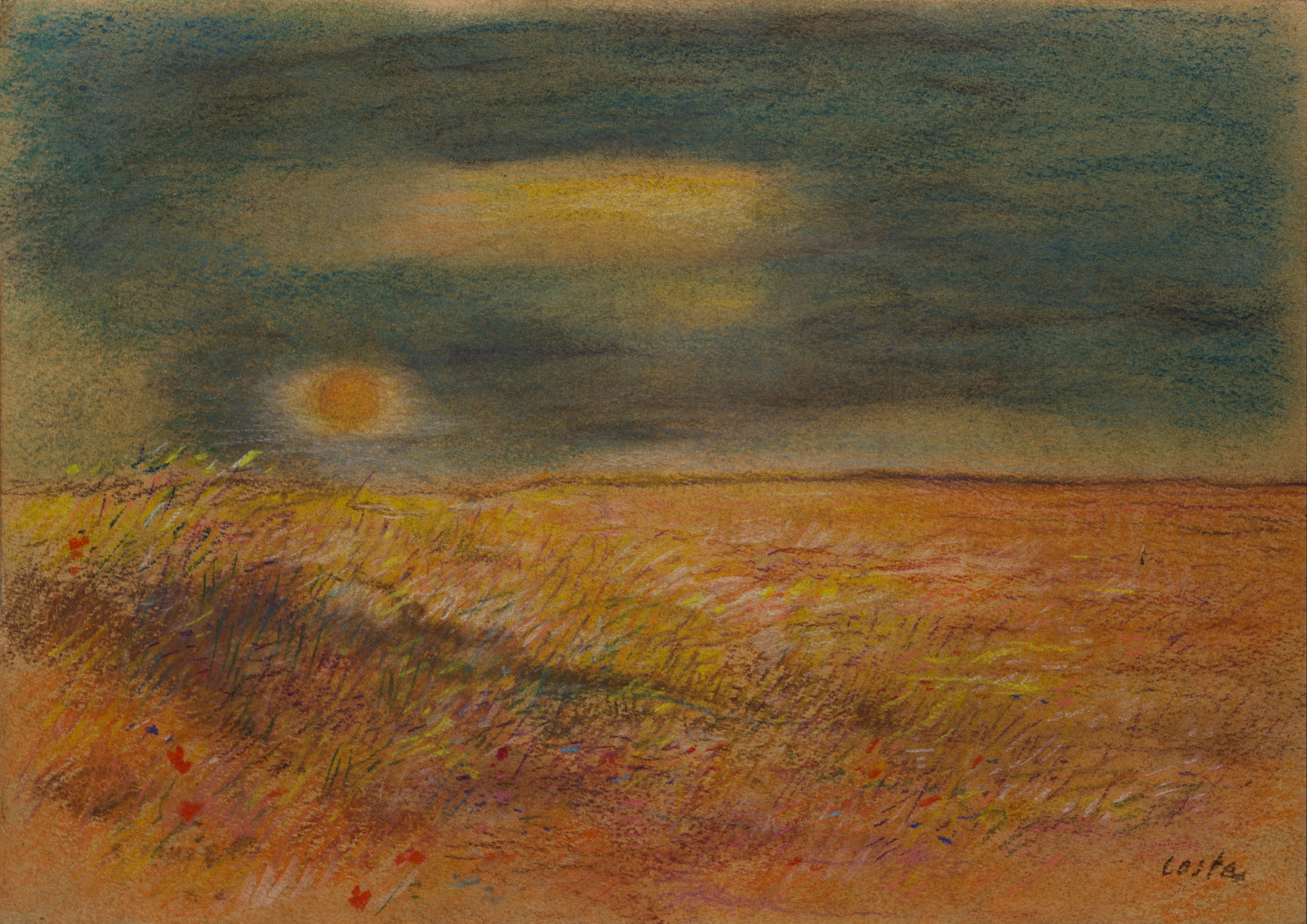 Tableau champs au soleil couchant - peinture paysage rural champêtre