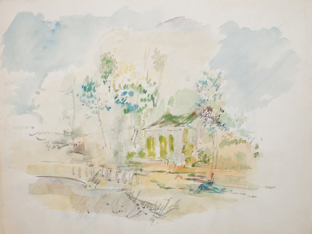 Dessin esquisse jardin au bord de l'eau - art nature aquatique zen