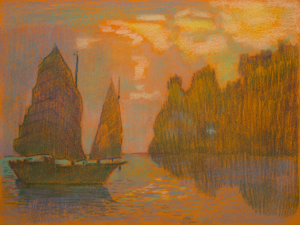  "Tableau voiliers au coucher de soleil - peinture maritime romantique mer"