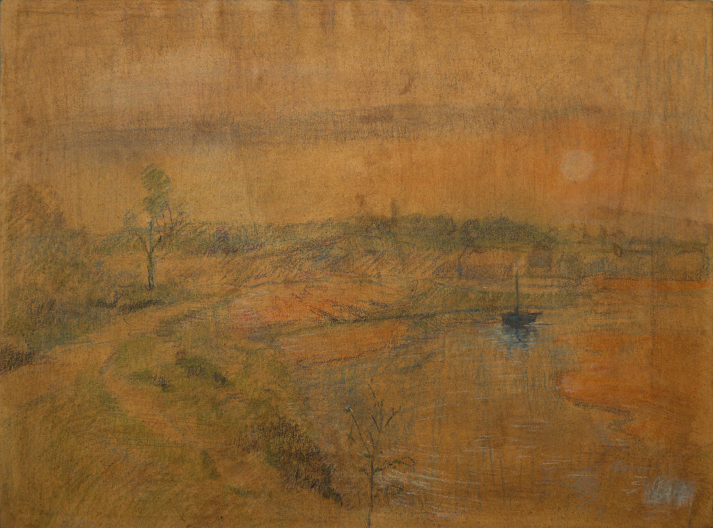 Tableau crépuscule rivière coucher de soleil - peinture paysage fluvial