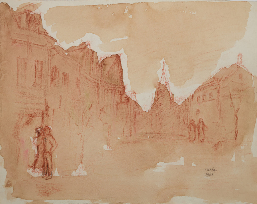 Dessin rue au lavis sépia vintage - art urbain scène de rue ancienne
