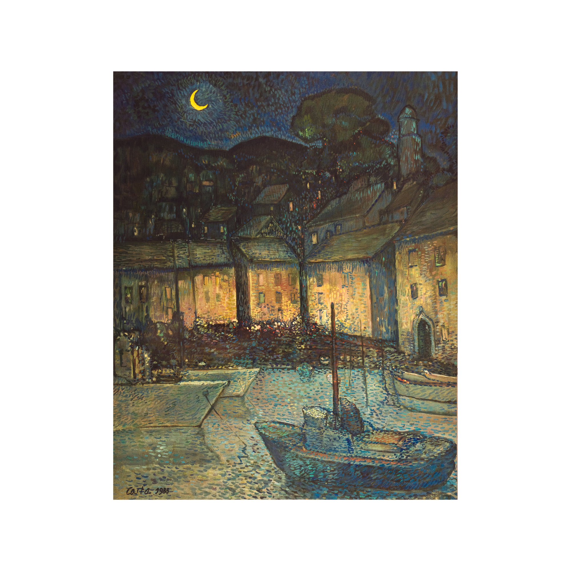 Tableau port endormi post-impressionniste - peinture marine art français