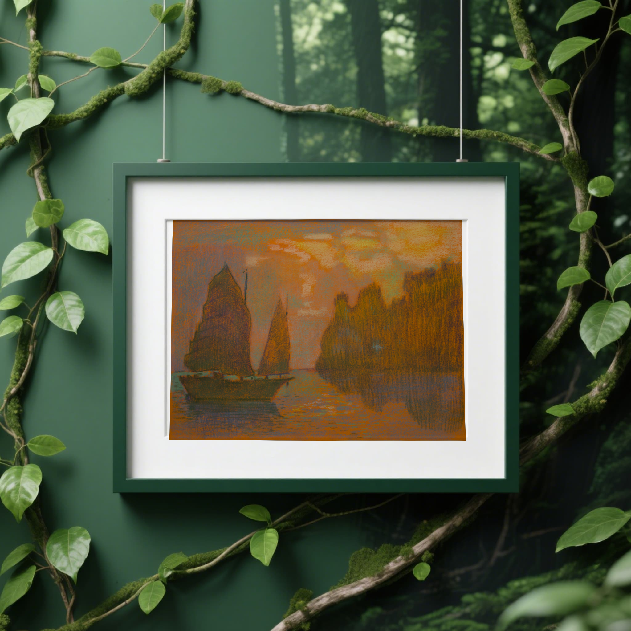  "Tableau voiliers au coucher de soleil - peinture maritime romantique mer"