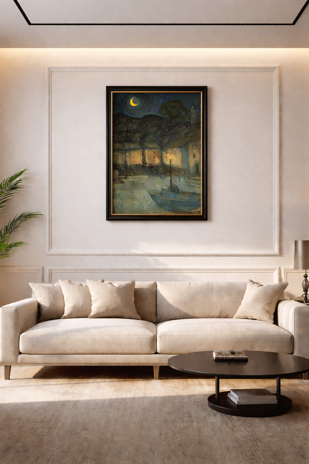 Tableau port endormi post-impressionniste - peinture marine art français