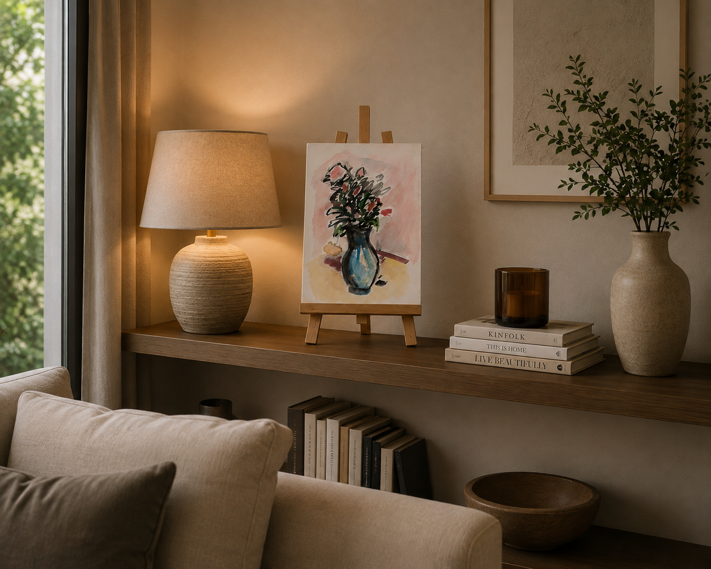 Tableau floral bouquet dans un vase bleu - mise en situation salon - peinture nature morte florale