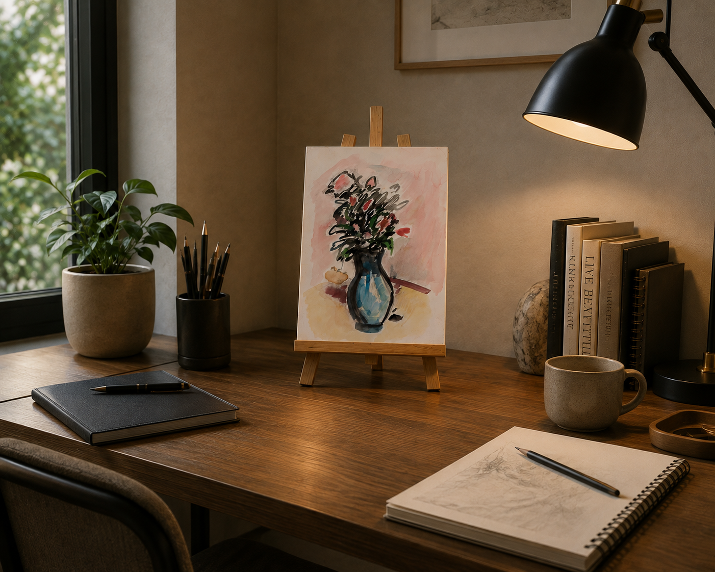 Tableau floral bouquet dans un vase bleu - mise en situation bureau - peinture nature morte florale