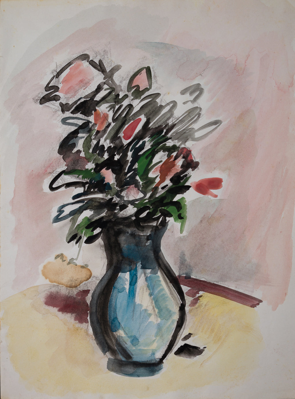 Tableau bouquet fleurs vase bleu - peinture nature morte florale