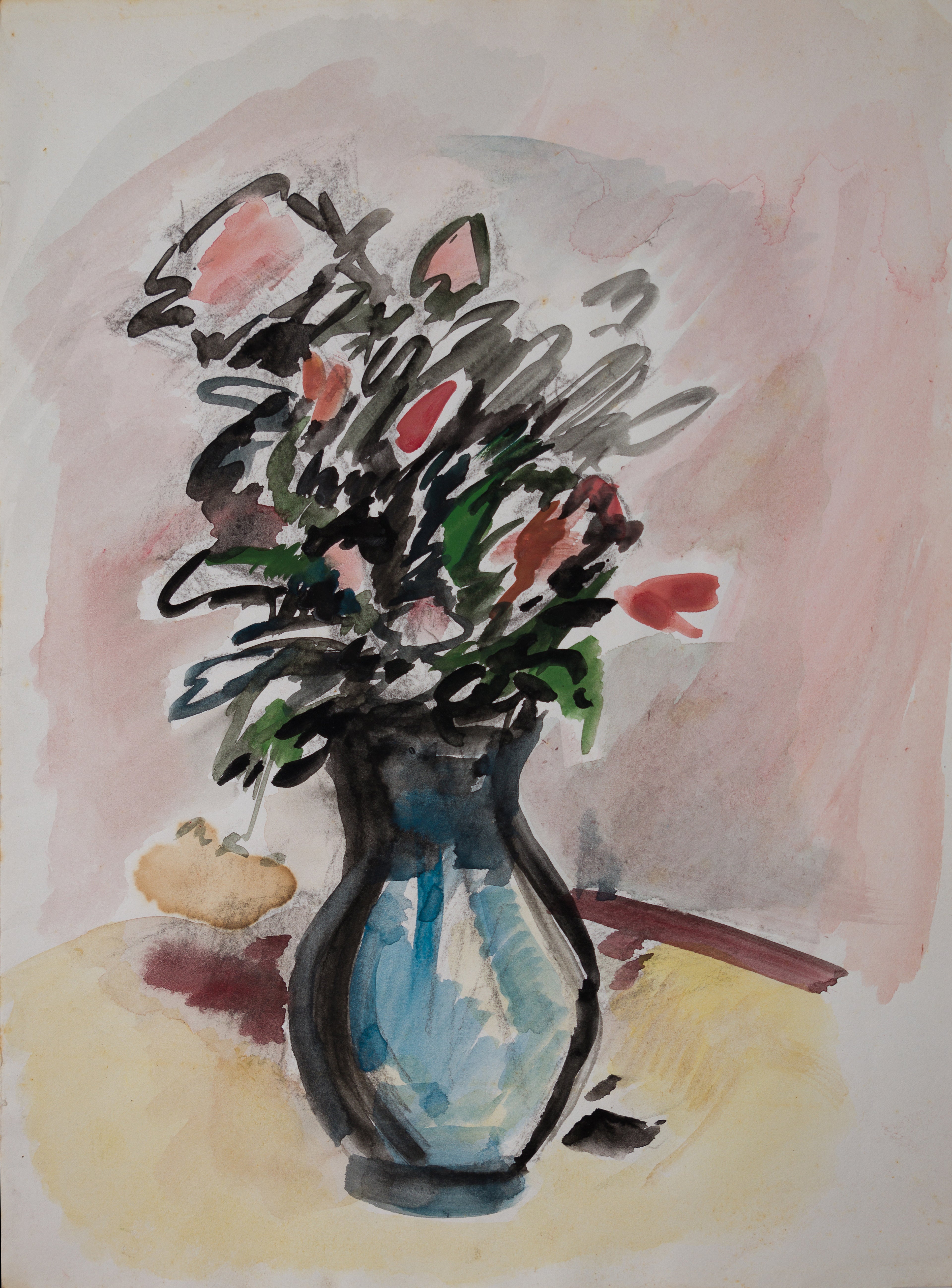 Tableau bouquet fleurs vase bleu - peinture nature morte florale